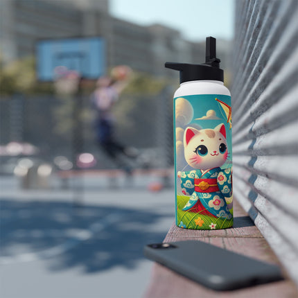 Geisha Kitten and the Dragon Kite Stainless Steel Water Bottle, Standard Lid