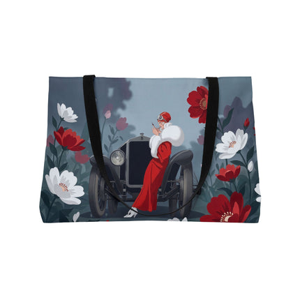 🚗🌺 The Lady Of The Grand Touring Car Weekender Tote Bag – Art Deco Motoring Elegance