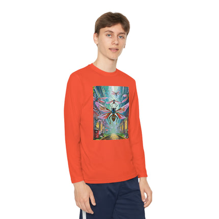 Neon Swarm Youth Long Sleeve Competitor Tee – Cyberpunk Flight & Futuristic Energy