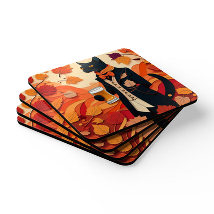 Siamese Cat at an Autumn Harvest Fair Corkwood Coaster Set