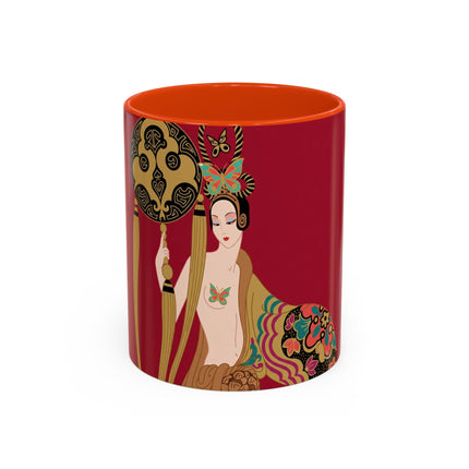 Butterfly Empress of the Crimson Pavilion Colorful Mug (11oz, 15oz) – Art Deco Beauty, Butterfly Elegance & Ornamental Style