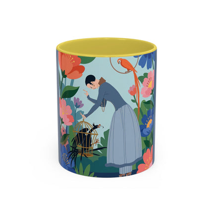 The Lady And The Mysterious Bird Colorful Mugs – Art Deco Botanical Mystery