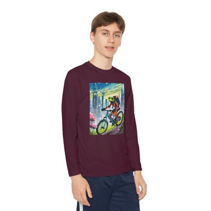 Cyberpunk Frog Youth Long Sleeve Competitor Tee – Neon Trails & Futuristic Adventure