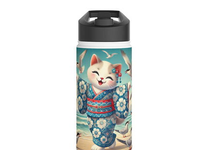 Geisha Kitten by the Seaside Stainless Steel Water Bottle, Standard Lid