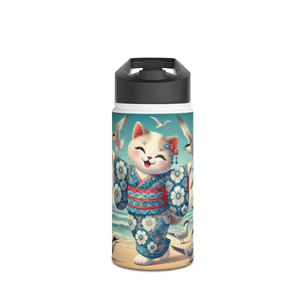 Geisha Kitten by the Seaside Stainless Steel Water Bottle, Standard Lid