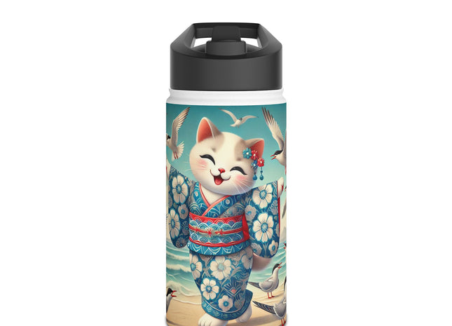 Geisha Kitten by the Seaside Stainless Steel Water Bottle, Standard Lid