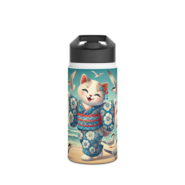 Geisha Kitten by the Seaside Stainless Steel Water Bottle, Standard Lid