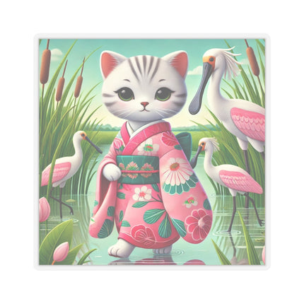 Geisha Kitten Strolls Among the Spoonbills Kiss-Cut Stickers (4 Sizes)