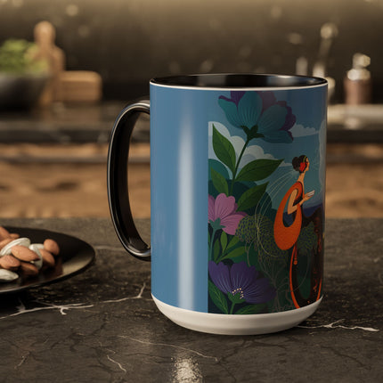 The Lady And The Sea Breeze Colorful Mugs – Art Deco Coastal Serenity