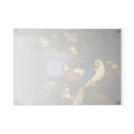 Fruit Still Life With Two Parrots by Balthasar Van der Ast Glass Cutting Board