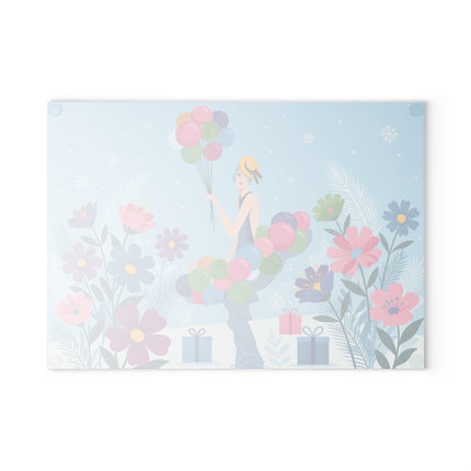🎈❄️ The Lady Of The Winter Balloon Garden Glass Cutting Board – Art Deco Holiday Fantasy