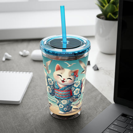 Geisha Kitten by the Seaside Sunsplash Tumbler with Straw, 16oz