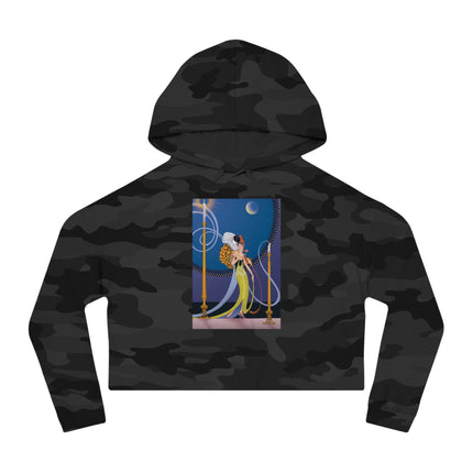 Smoke and Secrets: A Glamorous Encounter in Prohibition Era Women’s Cropped Hooded Sweatshirt