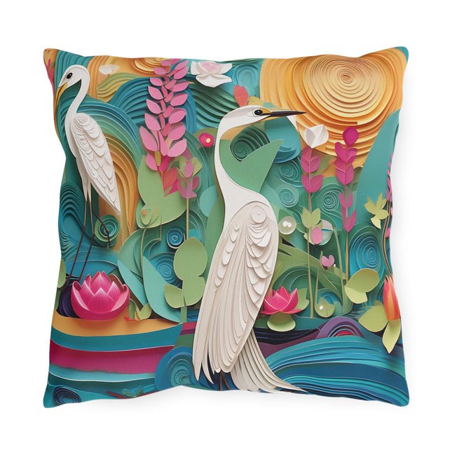 Elegant Egret Oasis Outdoor Pillows