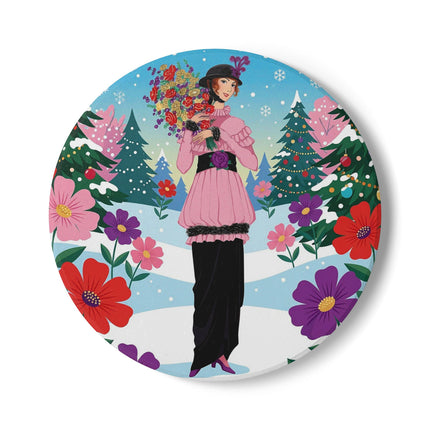 🎀🌸 The Lady Of The Christmas Bouquet Ceramic Coaster – Art Deco Holiday Fantasy