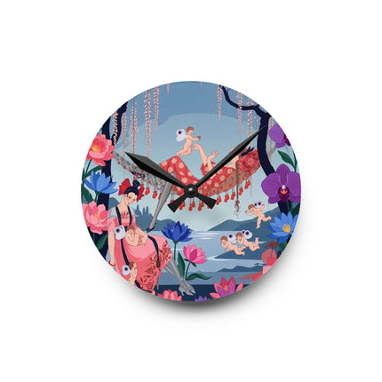 🌸🪽 The Garden Of Little Cupids Acrylic Wall Clock – Art Deco Floral Fantasy