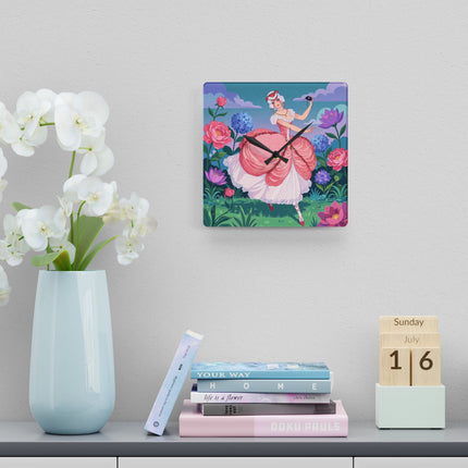 🌸🎭 The Rose Garden Masquerade Acrylic Wall Clock – Art Deco Floral Elegance