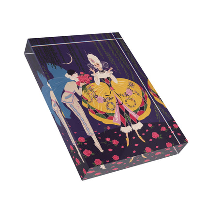 🌹🌙 The Lady Of The Moonlit Rose Masquerade Acrylic Art Block – Art Deco Fashion Illustration