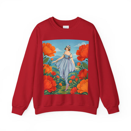 🌺🩵 The Poppy Hill Promenade Crewneck Sweatshirt – Art Deco Fashion Whimsy