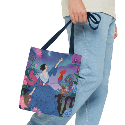 🌙🐓 The Lady Of The Moonlit Rooster Garden Tote Bag – Art Deco Floral Fantasy