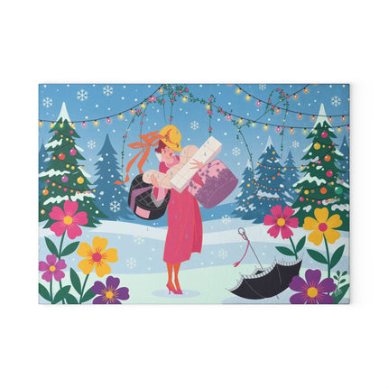 🎁🎄 The Christmas Gift Garden Glass Cutting Board – Whimsical Holiday Fantasy