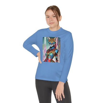 Cyber Cat Glamour Youth Long Sleeve Competitor Tee – Neon Elegance & Futuristic Style