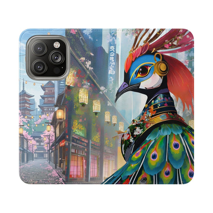 🦚🌸 Techno Plumes Peacock Flip Case – Neon Elegance & Sakura Dreams