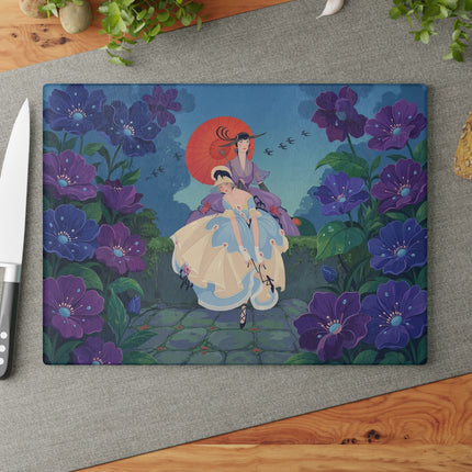 💜🌸 The Lady Of The Violet Garden Glass Cutting Board – Art Deco Floral Elegance