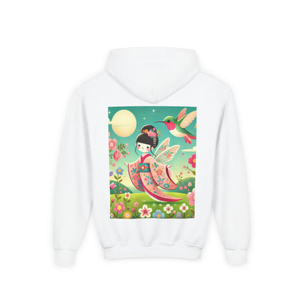 Geisha Fairy and the Hummingbird Blossom Youth Hooded Sweatshirt – Cozy Magic in Bloom
