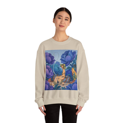 💙🌸 The Lady Among The Blue Blossoms Crewneck Sweatshirt – Art Deco Floral Reverie