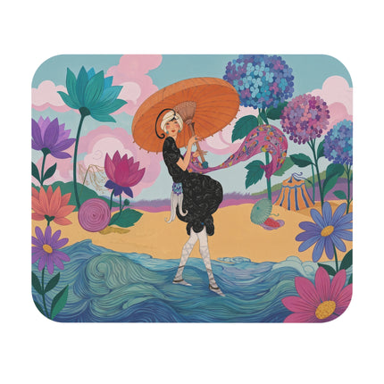🌊☂️ The Lady Of The Orange Parasol Mouse Pad – Art Deco Seaside Fantasy
