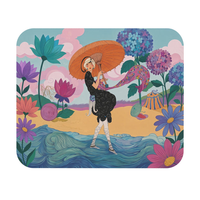 🌊☂️ The Lady Of The Orange Parasol Mouse Pad – Art Deco Seaside Fantasy