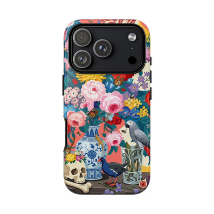 Floral Vanitas Phone Case – Parrot & Porcelain Splendor