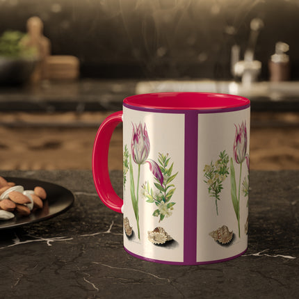Tulip, Branches of Myrtle and Shells by Maria Sibylla Merian Colorful Mugs, 11oz
