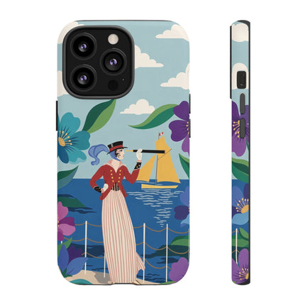 🌊🔭 The Lady Of The Seaside Lookout Phone Case – Art Deco Nautical Adventure