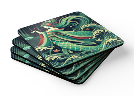 Mermaid Queen Rising from the Deep Corkwood Coaster Set