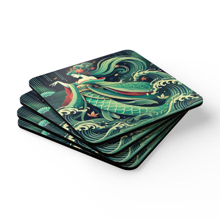 Mermaid Queen Rising from the Deep Corkwood Coaster Set