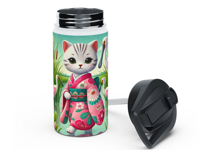 Geisha Kitten Strolls Among the Spoonbills Stainless Steel Water Bottle, Standard Lid