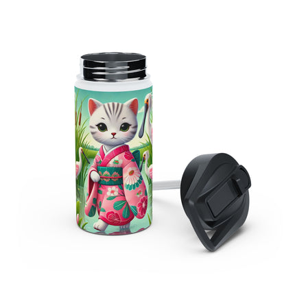 Geisha Kitten Strolls Among the Spoonbills Stainless Steel Water Bottle, Standard Lid