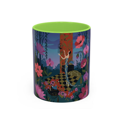 The Lady And The Midnight Birdcage Colorful Mugs – Art Deco Botanical Elegance