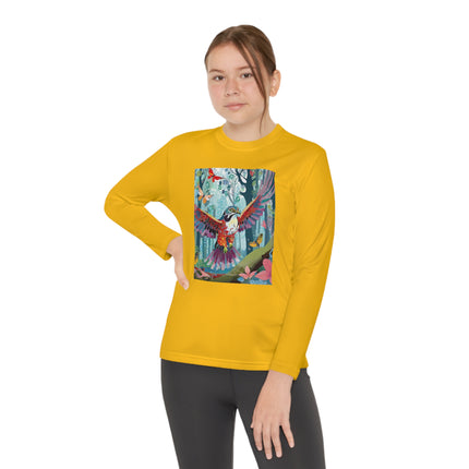 A Colorful Raptor Youth Long Sleeve Competitor Tee – Dino Adventure & Forest Wonder