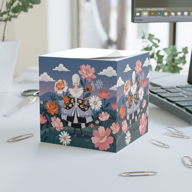 🌸🎀 The Grand Floral Promenade Note Cube – Art Deco Fashion Fantasy