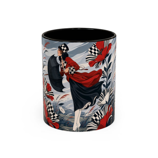 ☔🌹 The Scarlet Checkerboard Rainstorm Colorful Mug – Art Deco Floral Elegance