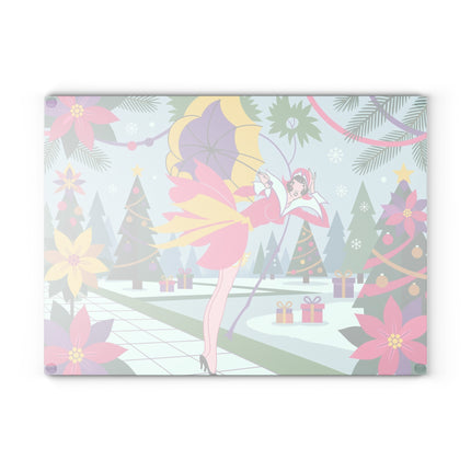 🌂✨ The Lady Of The Enchanted Christmas Garden Glass Cutting Board – Art Deco Holiday Fantasy