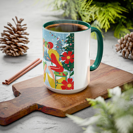 ☕🎄 Christmas Tea In The Snow Garden Colorful Mug – Art Deco Holiday Friendship