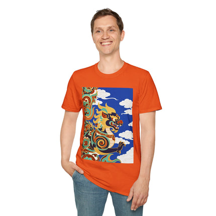 🦁☁️ The Celestial Snow Lion Softstyle T-Shirt – Tibetan Mythical Guardian & Sacred Clouds