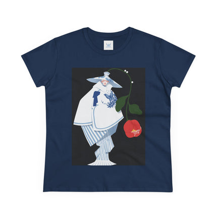 Blue & White Porcelain Geisha Women's Midweight Cotton Tee – Refined Elegance & Timeless Charm