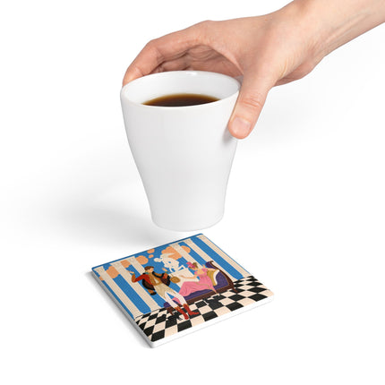 🐈🏛️ The Grand Salon Courtship Ceramic Coaster – Art Deco Neoclassical Romance
