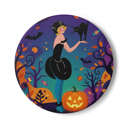 🐈‍⬛🎃 The Midnight Black Cat Masquerade Ceramic Coaster – Whimsical Halloween Elegance