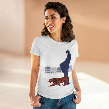 🐆🖤 The Lady With The Leopard Cotton Tee – Art Deco Fashion Illustration